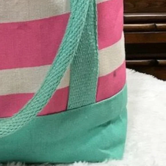 Mud Pie Initial C Cabana Stripe Pink Aqua Periwinkle Canvas Tote - Picture 6 of 10